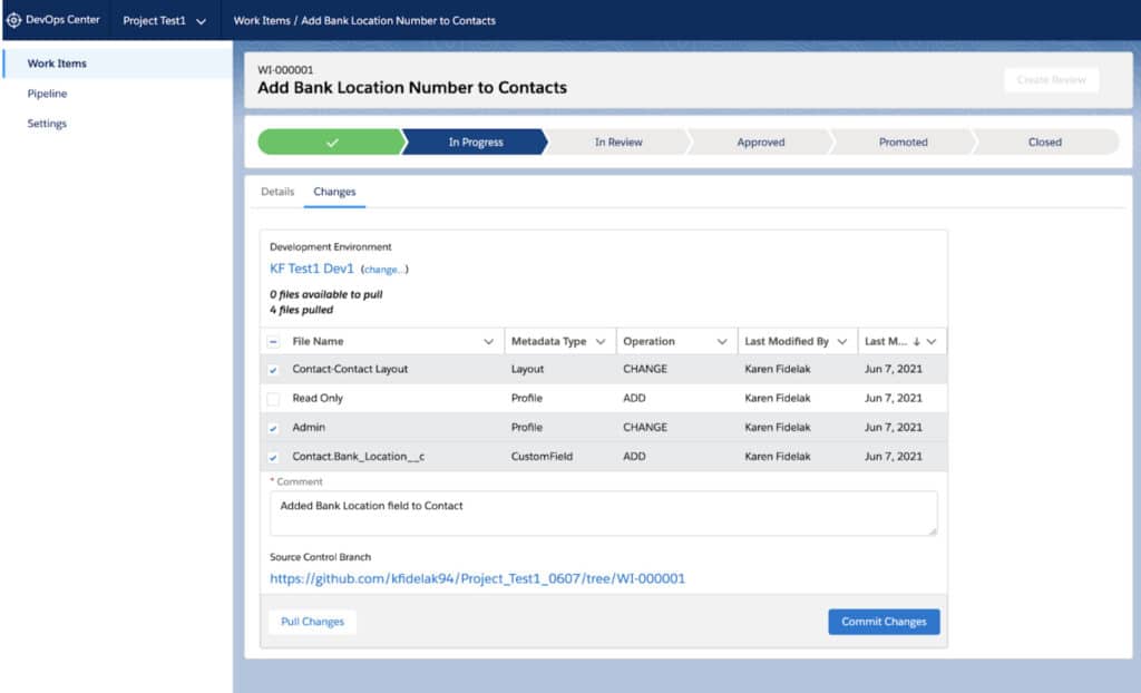 DevOps Center selecting metadata to add to Work Item