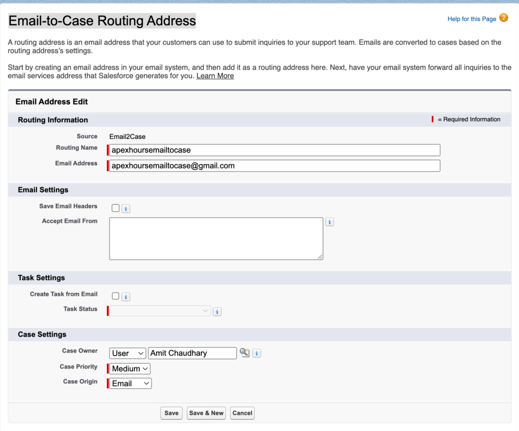 Routing Addresses for Email-to-Case