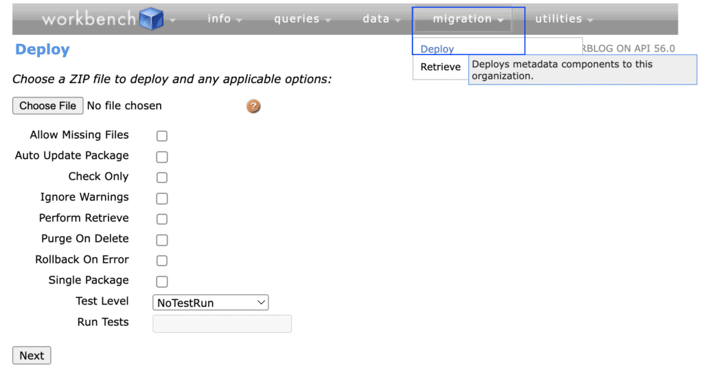 Deploy metadata using workbench