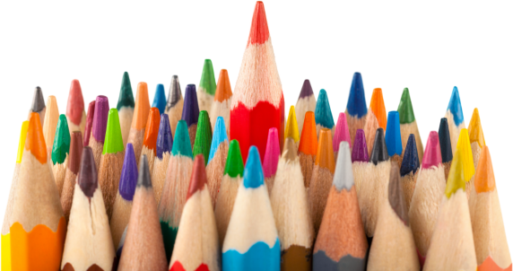 A collection of pencils in a wide variety of different colours. One pencil is popping out, seemingly taller than the rest